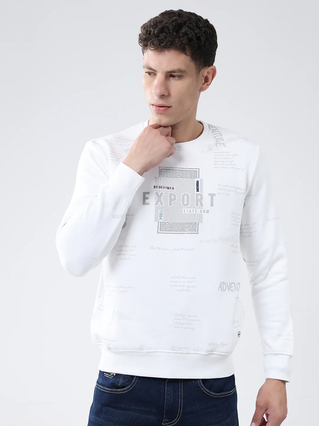 Men White Printed Round Neck Full Sleeve Sweatshirt