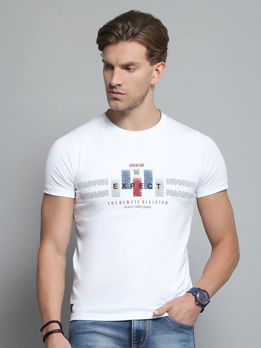 Men White Printed Round Neck Half Sleeve T-Shirt