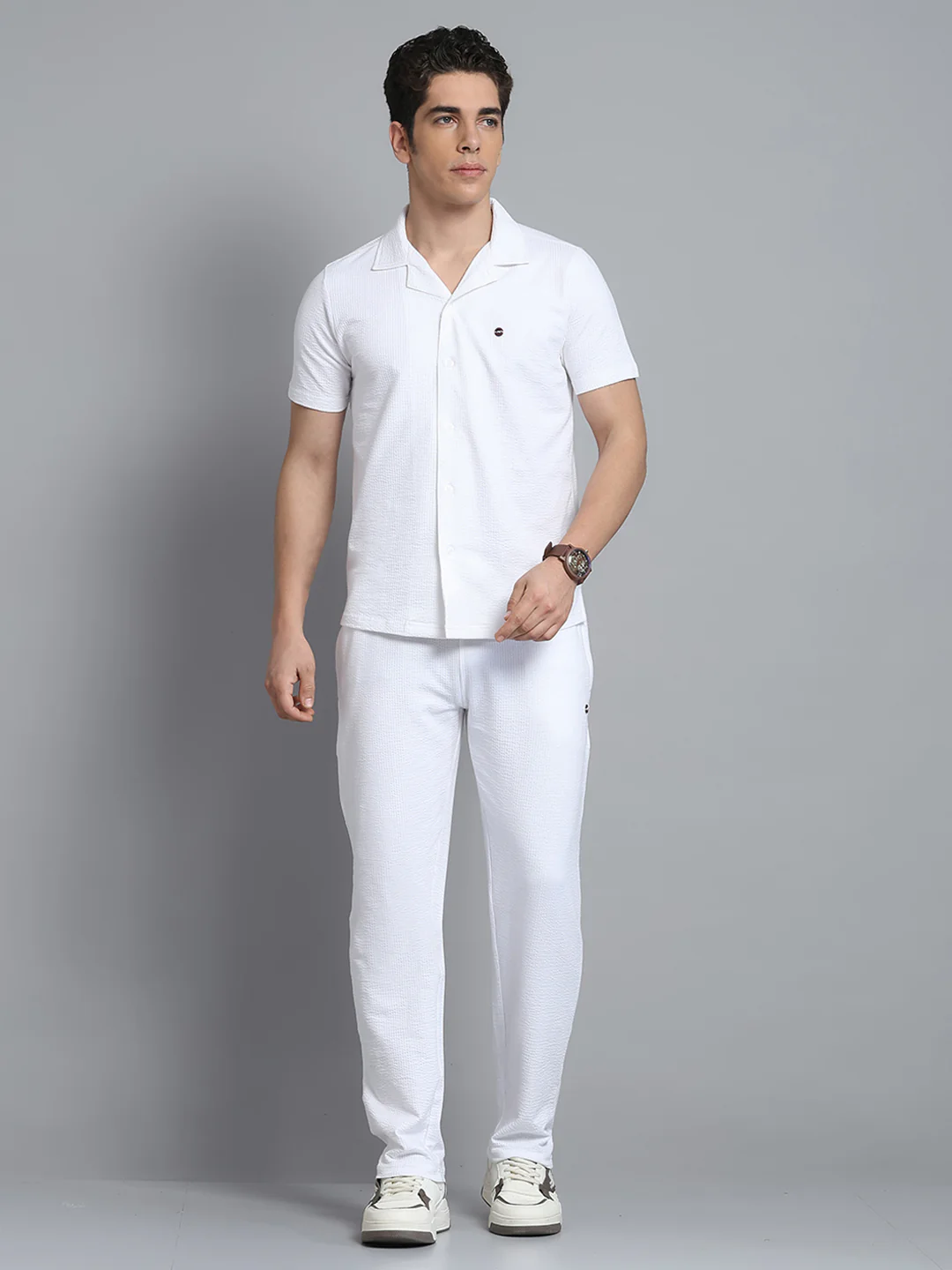 Men White Self Design Collar Half Sleeve Lower Set
