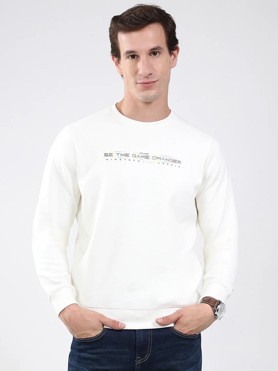 Men White Solid Round Neck Full Sleeve Sweatshirt