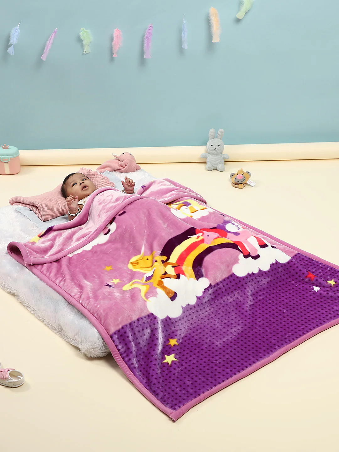 Cartoon Unicorn Printed Velvety Pink Baby Blanket