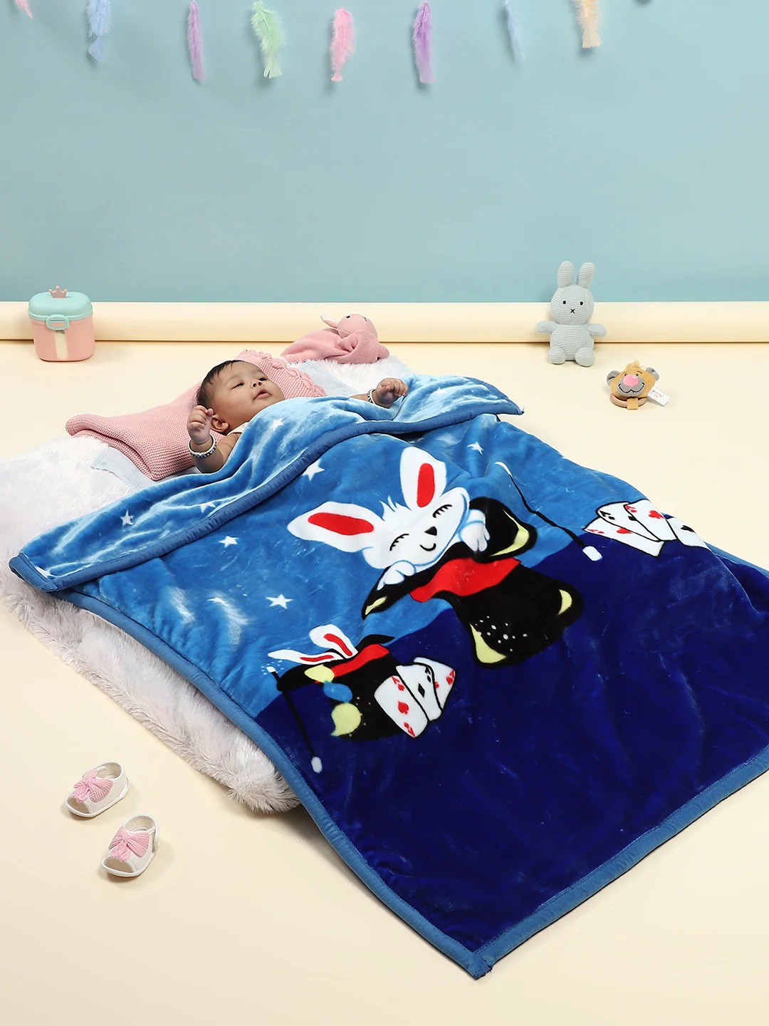 Cartoon Rabbit Printed Plush Blue Baby Blanket