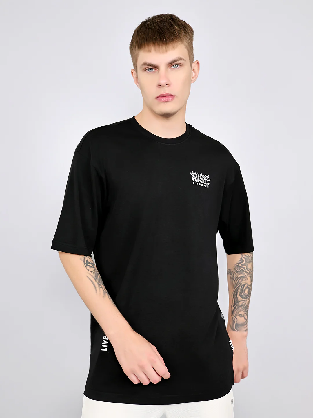 Rock.it Men Black Printed Round Neck Drop Shoulder Half Sleeve T-Shirt