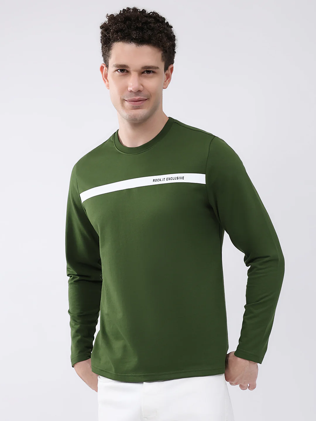 Rock.it Men Green Solid Round Neck Full Sleeve Winter T-Shirt