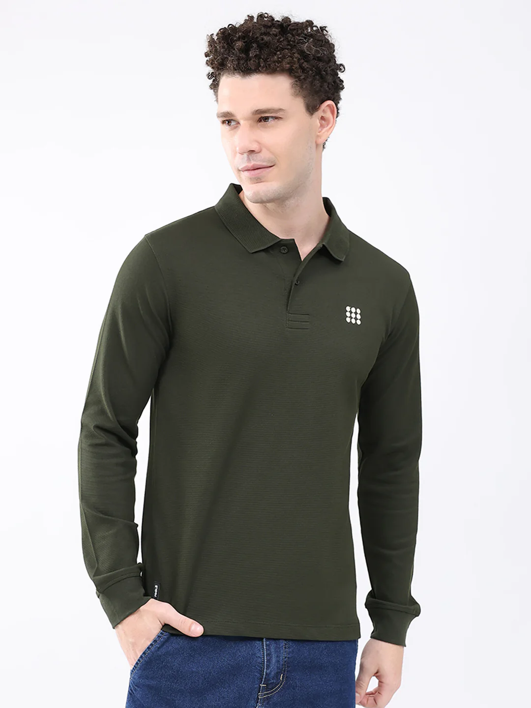 Rock.it Men Olive Solid Collar Full Sleeve Winter T-Shirt