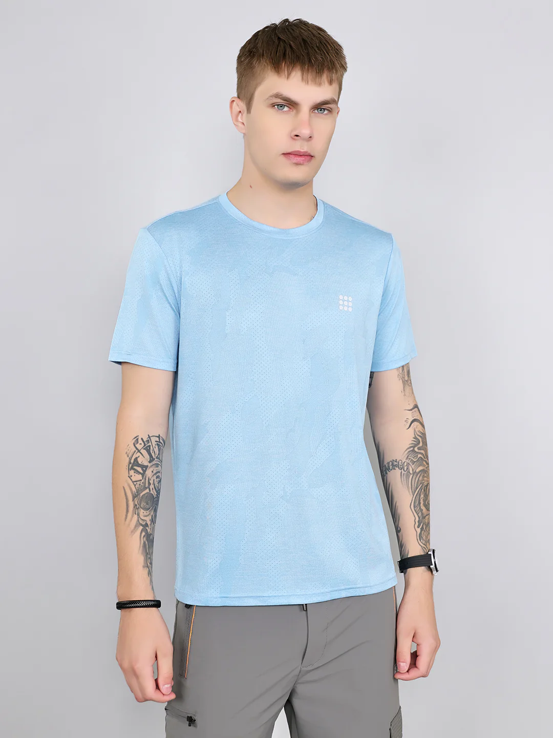 Rock.it Men Sky Blue Jacquard Round Neck Half Sleeve T-Shirt