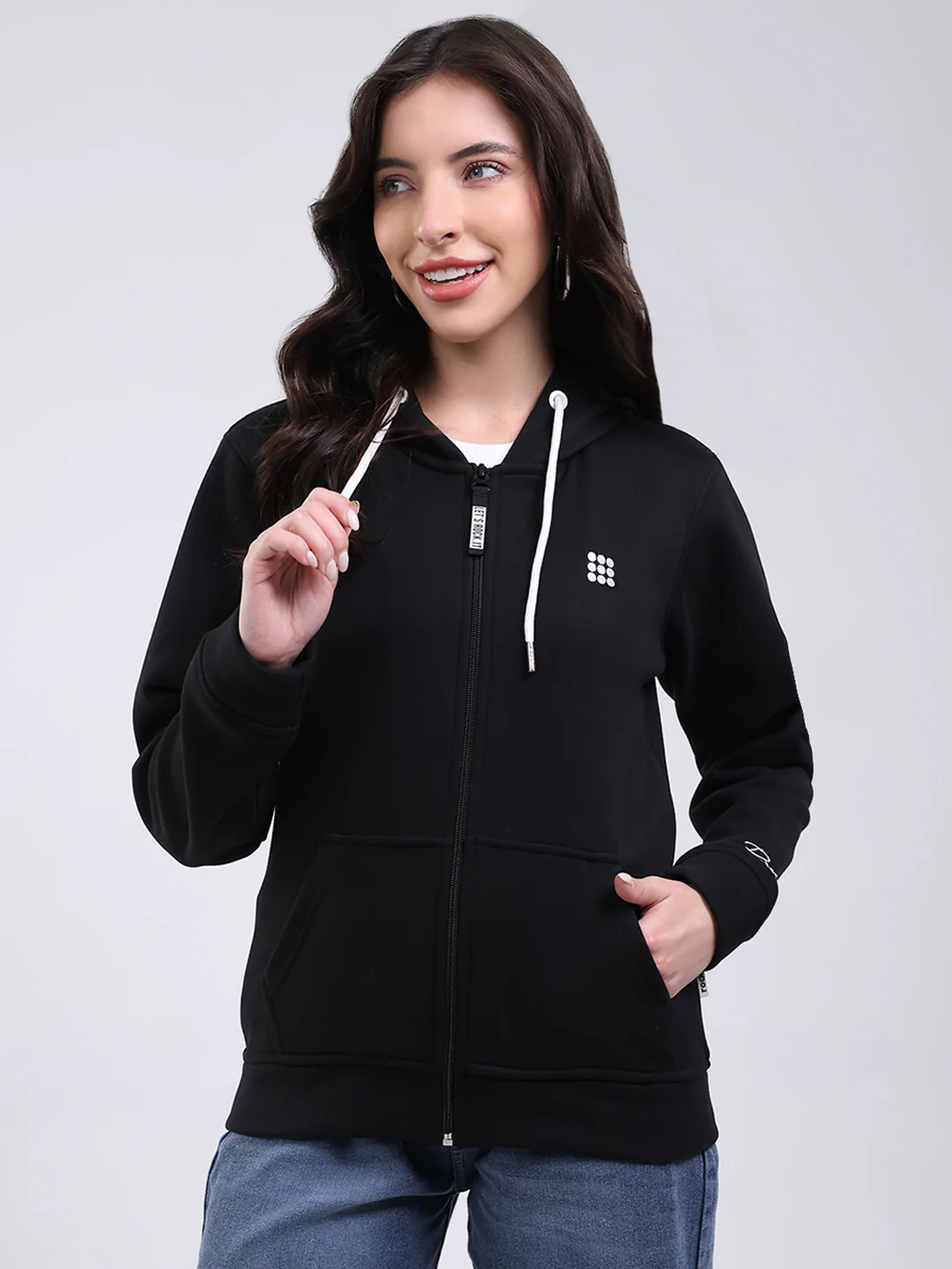 Rock.it Women Black Solid Hooded Full Sleeve Sweatshirt