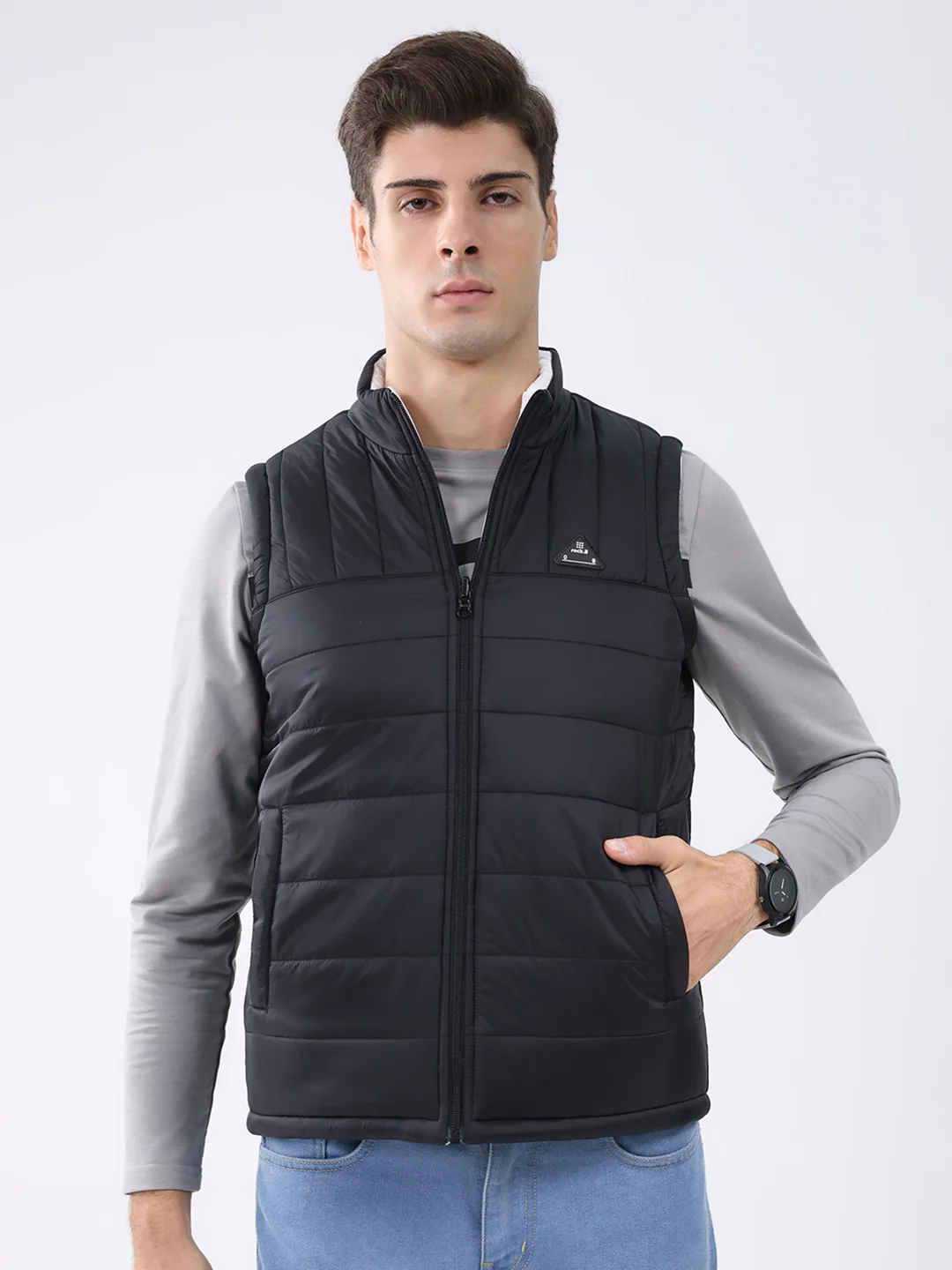Rock.it Men Black & White Solid Mock Neck Sleeveless Jacket