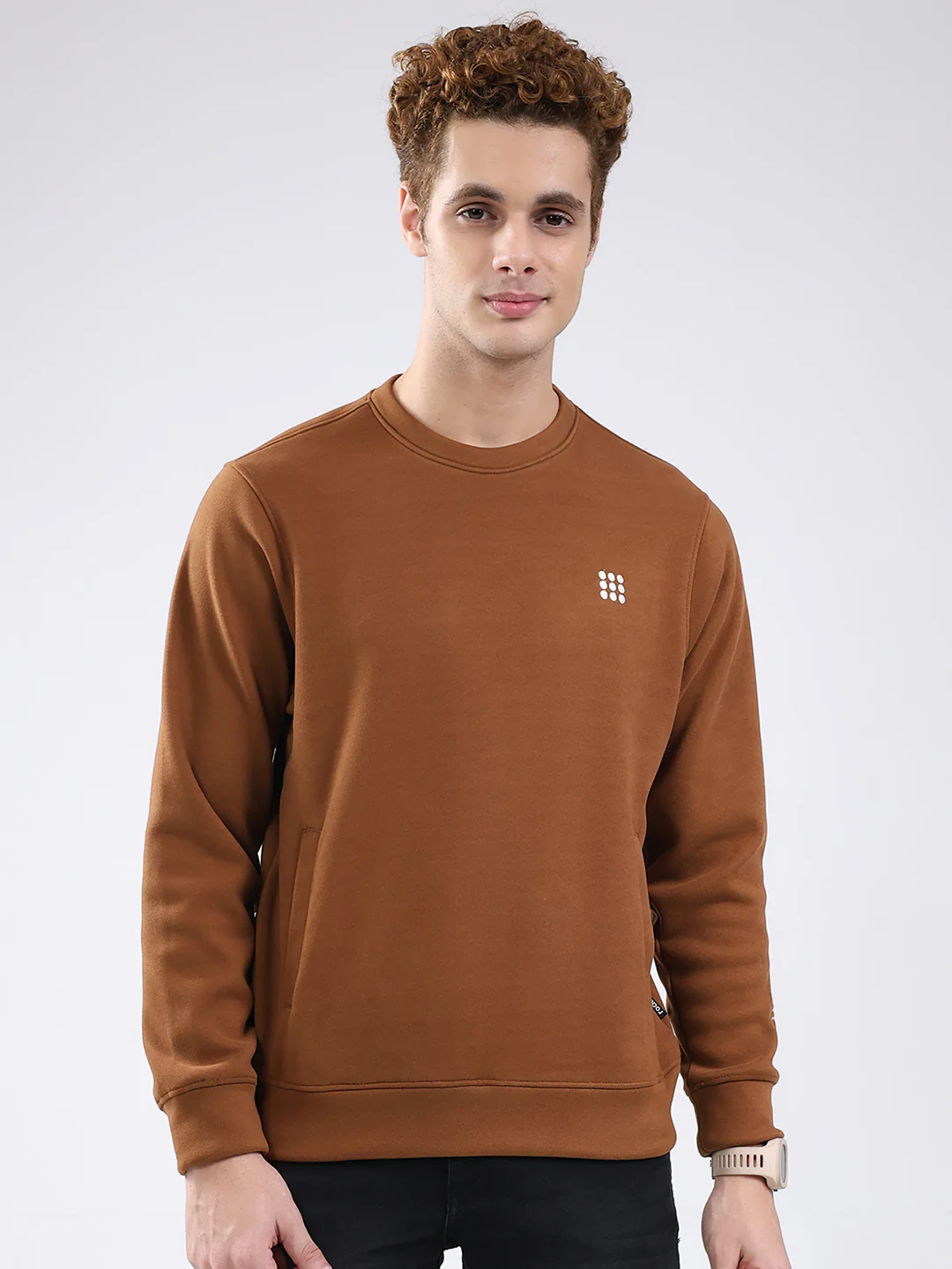 Rock.it Men Brown Solid Round Neck Full Sleeve Sweatshirt