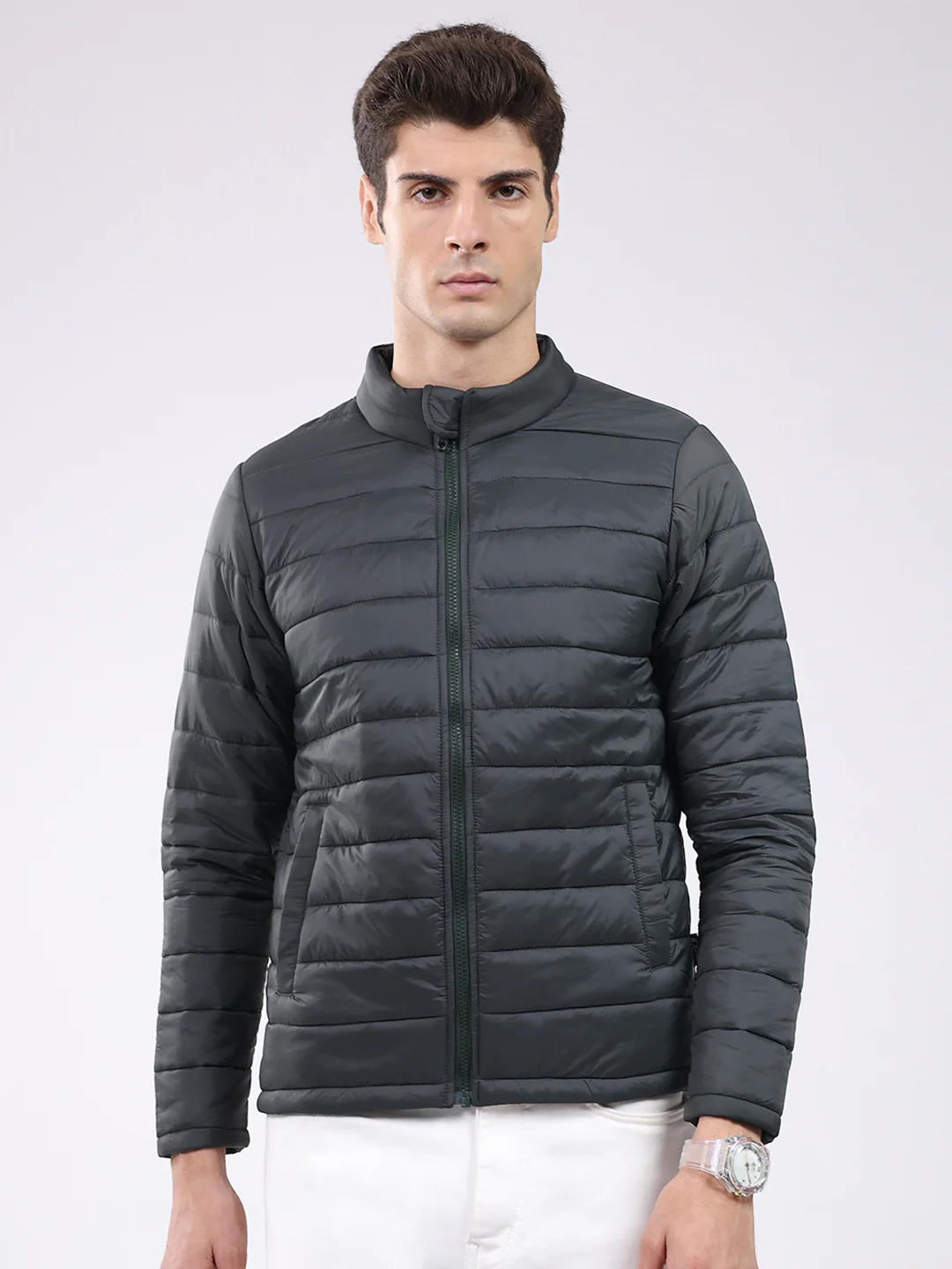 Rock.it Men Dark Green Solid Mock Neck Full Sleeve Jacket