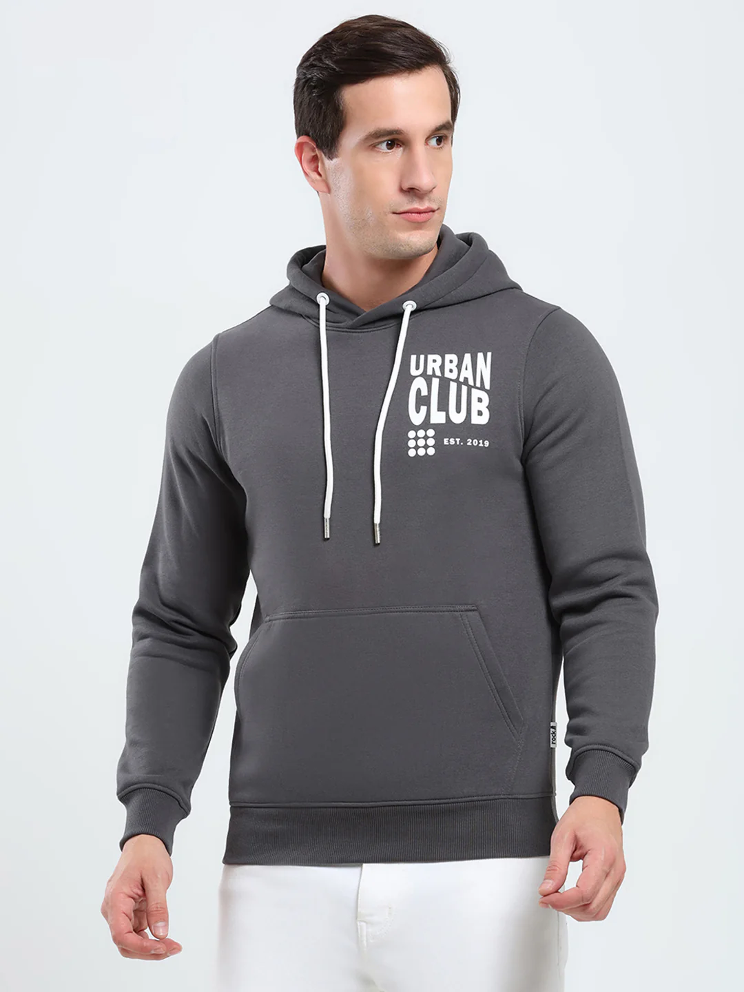 Rock.it Men Grey Printed Hooded Full Sleeve Sweatshirt