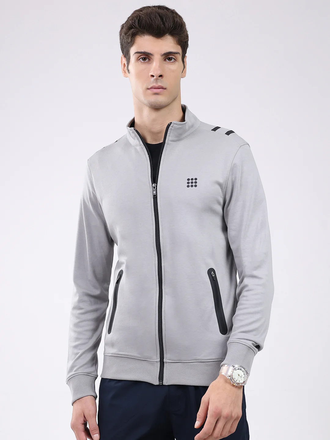 Rock.it Men Grey Solid Mock Neck Full Sleeve Sweatshirt