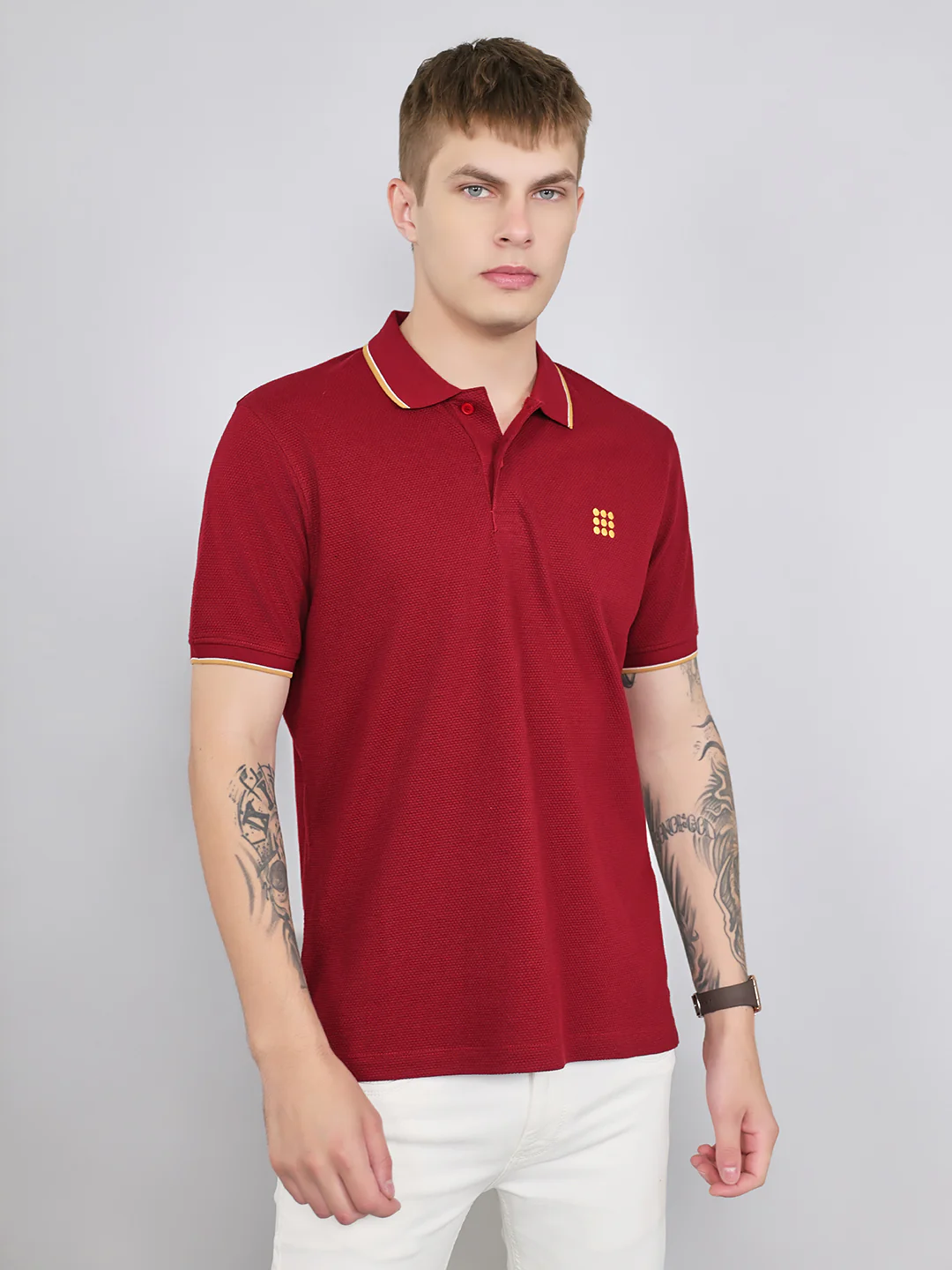 Rock.it Men Maroon Self Design Collar Half Sleeve T-Shirt