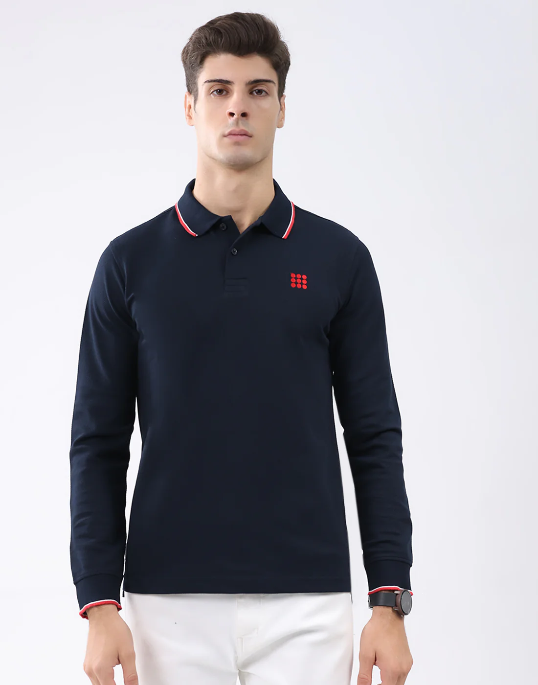 Rock.it Men Navy Blue Self Design Collar Full Sleeve T-Shirt