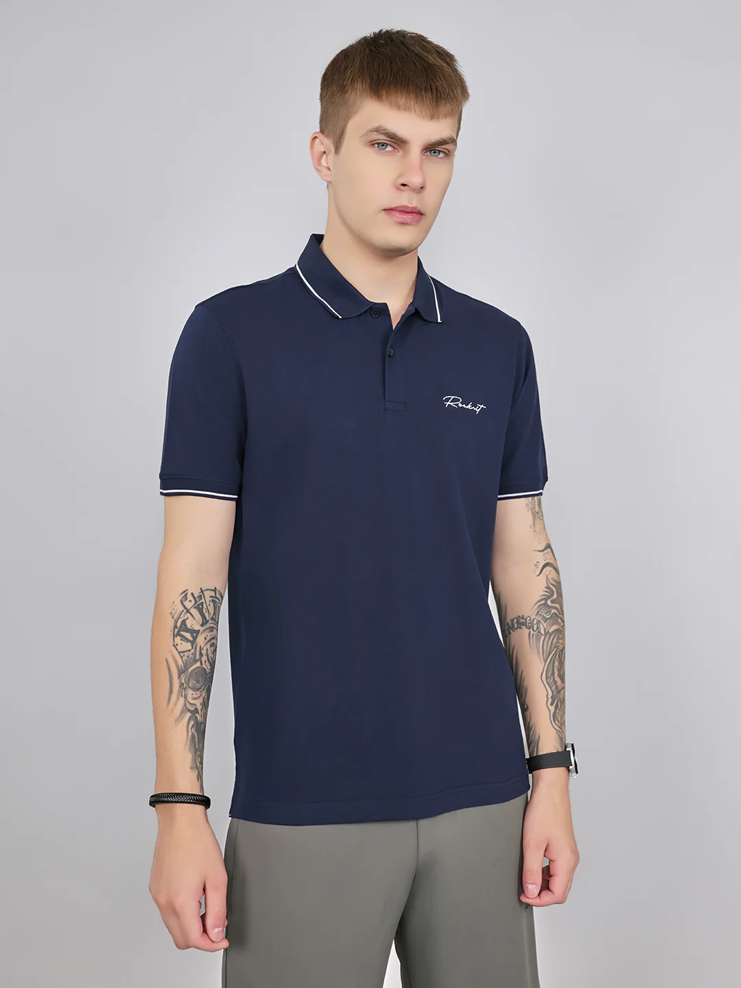 Rock.it Men Navy Blue Solid Collar Half Sleeve T-Shirt