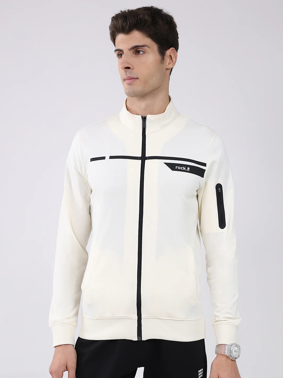 Rock.it Men Off White Solid Mock Neck Full Sleeve Sweatshirt