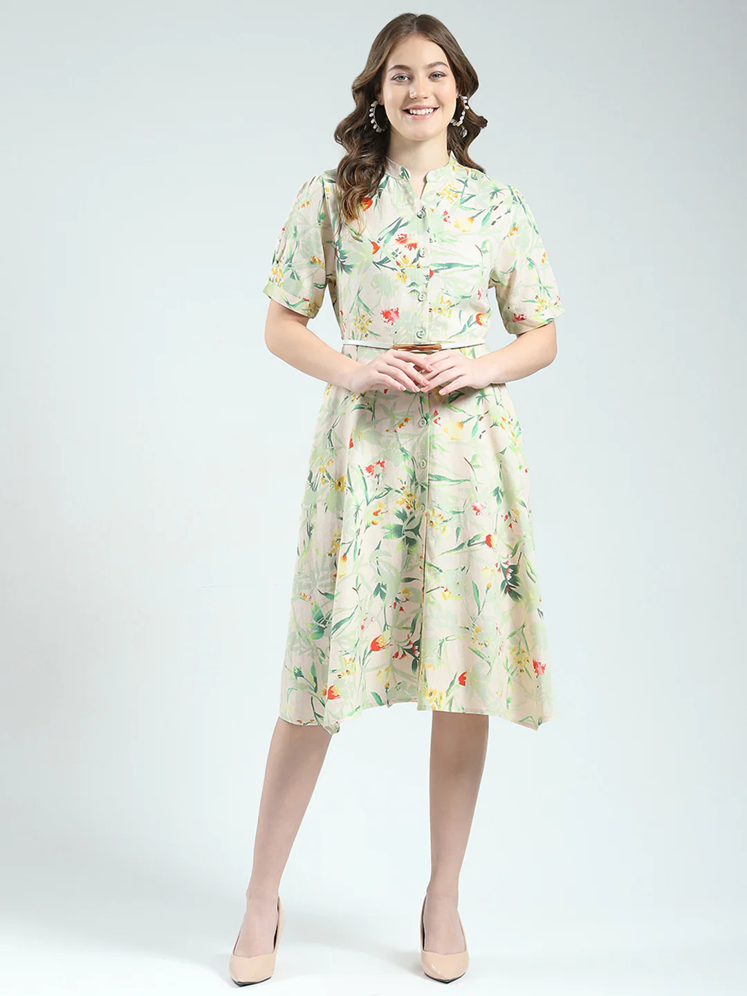 Women Beige Printed Band Neck Half Sleeve Dress