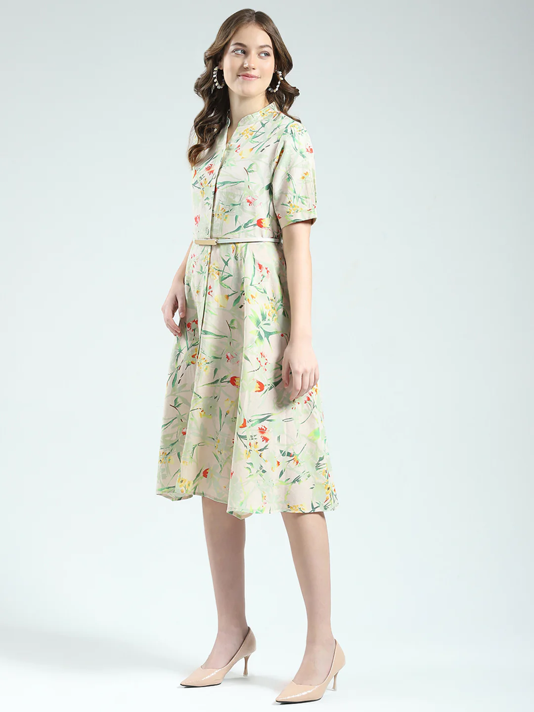 Women Beige Printed Band Neck Half Sleeve Dress - Image 3