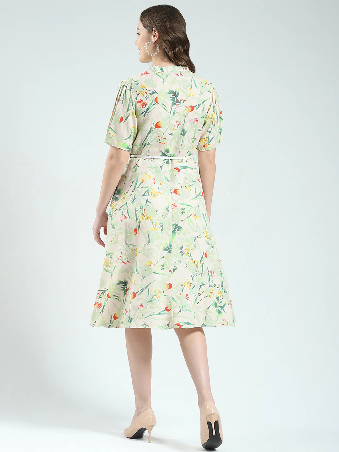 Women Beige Printed Band Neck Half Sleeve Dress - Image 5