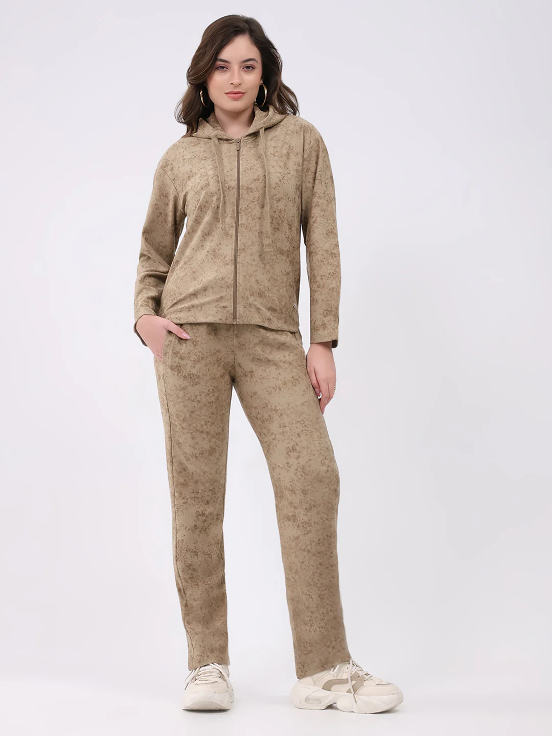 Women Beige Printed Hooded Full Sleeve Cords Set