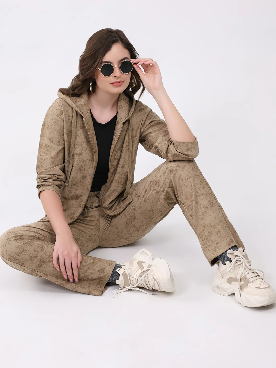 Women Beige Printed Hooded Full Sleeve Cords Set - Image 2