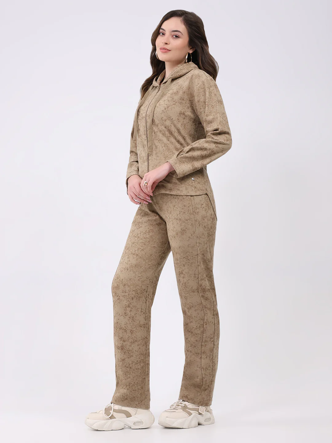 Women Beige Printed Hooded Full Sleeve Cords Set - Image 3