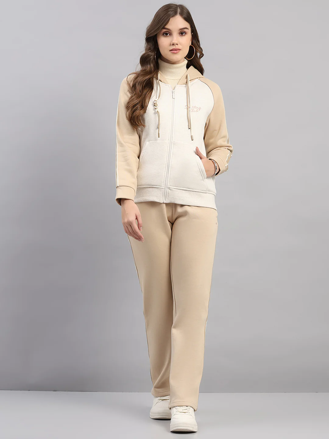 Women Beige Printed Hooded Full Sleeve Winter Tracksuit