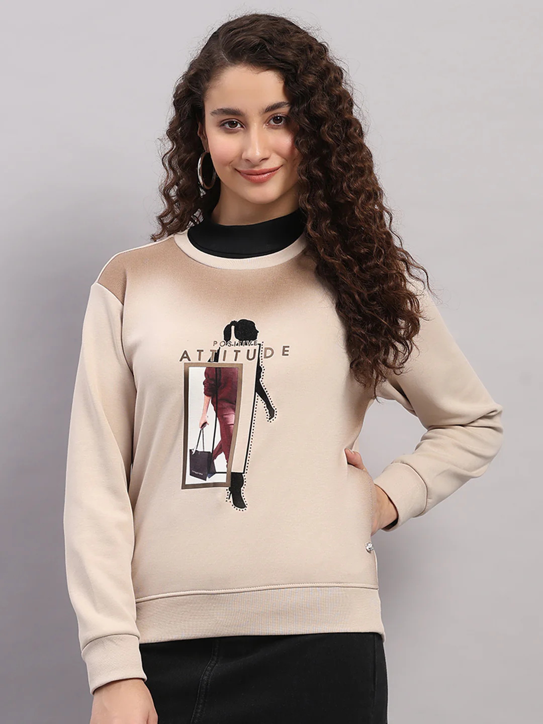 Women Beige Printed Round Neck Full Sleeve Sweatshirt