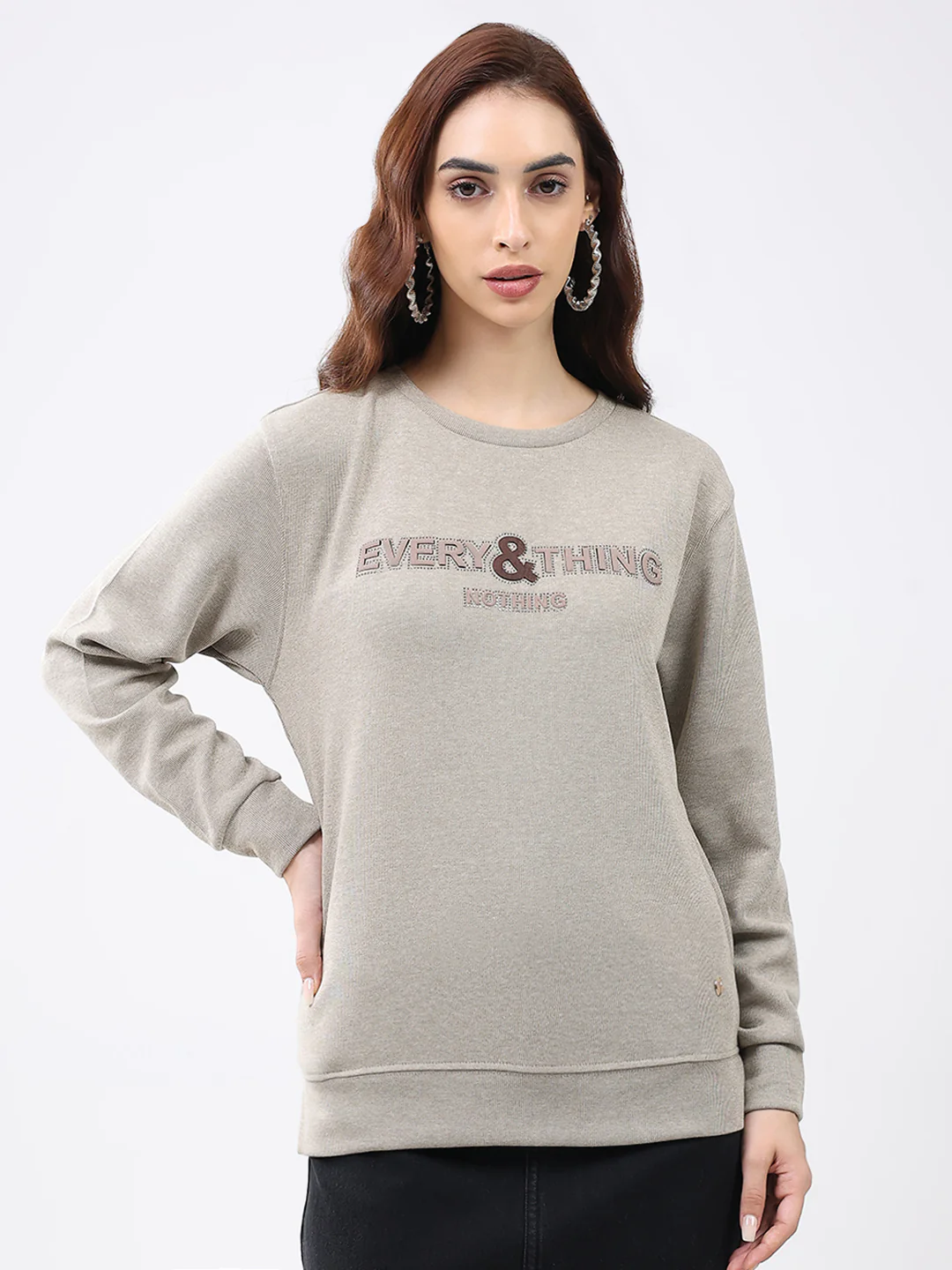 Women Beige Printed Round Neck Full Sleeve Winter Top