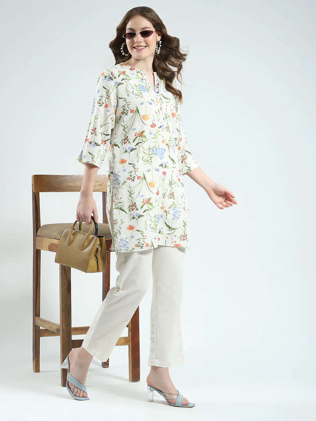 Women Beige Printed Round Neck Full Sleeve Cords Set - Image 2