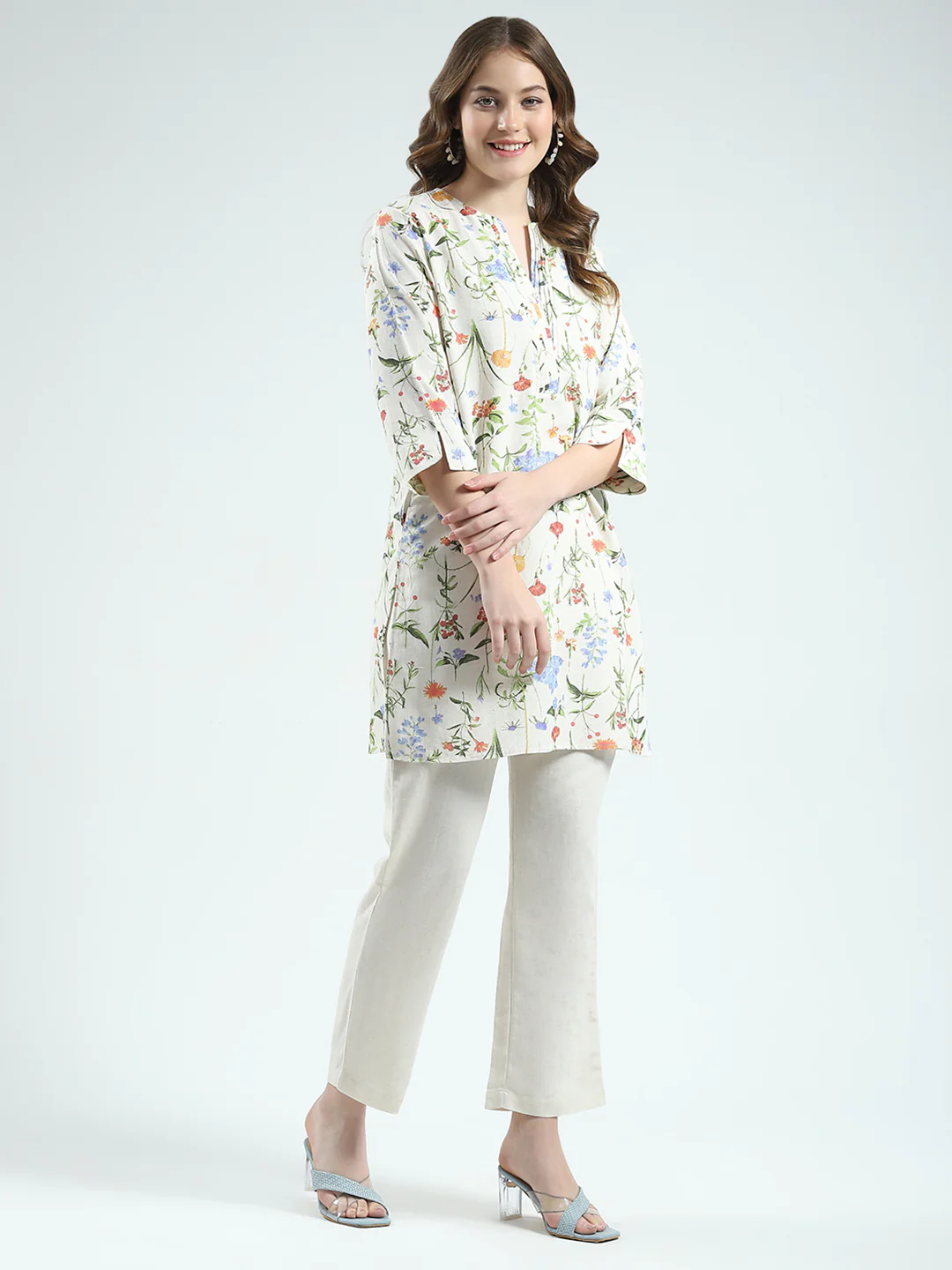 Women Beige Printed Round Neck Full Sleeve Cords Set - Image 4