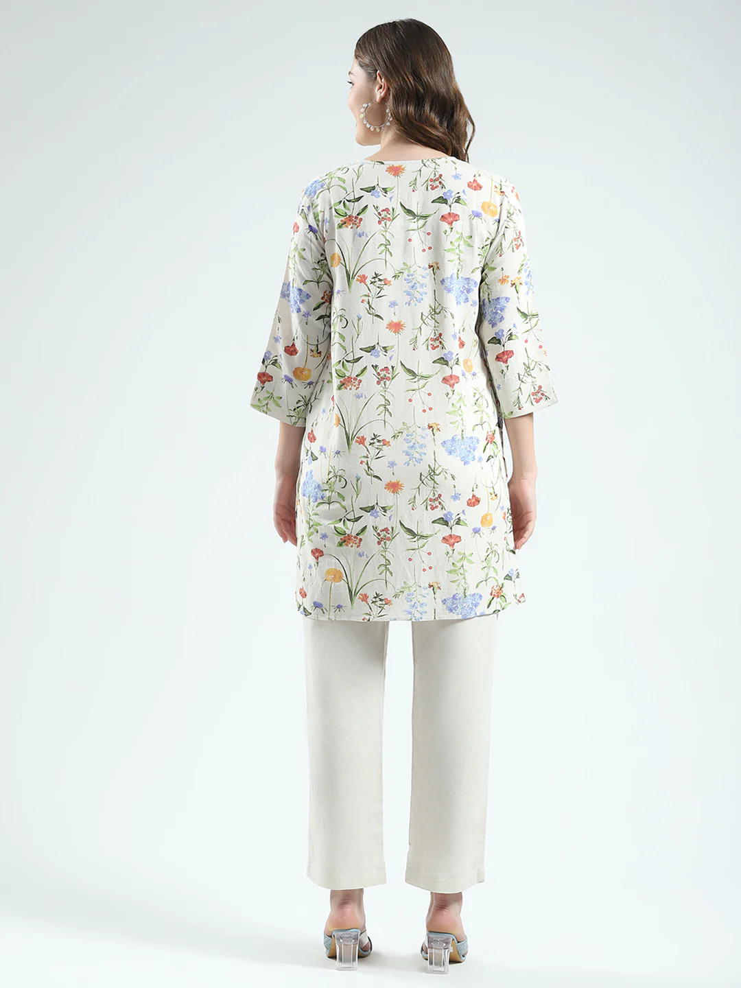 Women Beige Printed Round Neck Full Sleeve Cords Set - Image 5