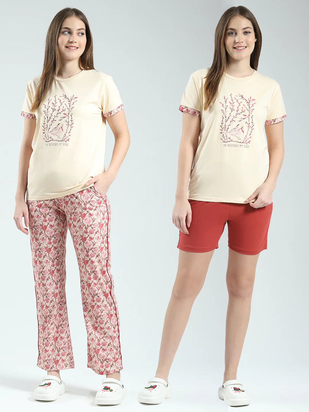 Women Beige Printed Round Neck Half Sleeve Combo 3Pc Set (T-Shirt, Shorts & Lower)
