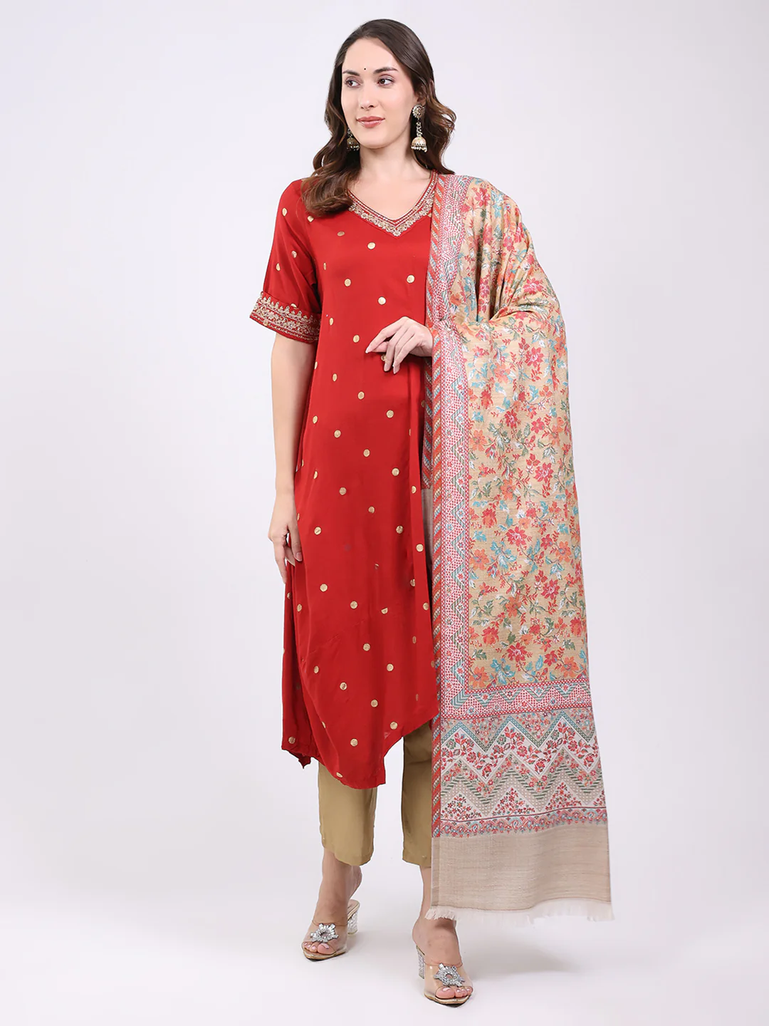 Women Beige Printed Wool Blend Shawl