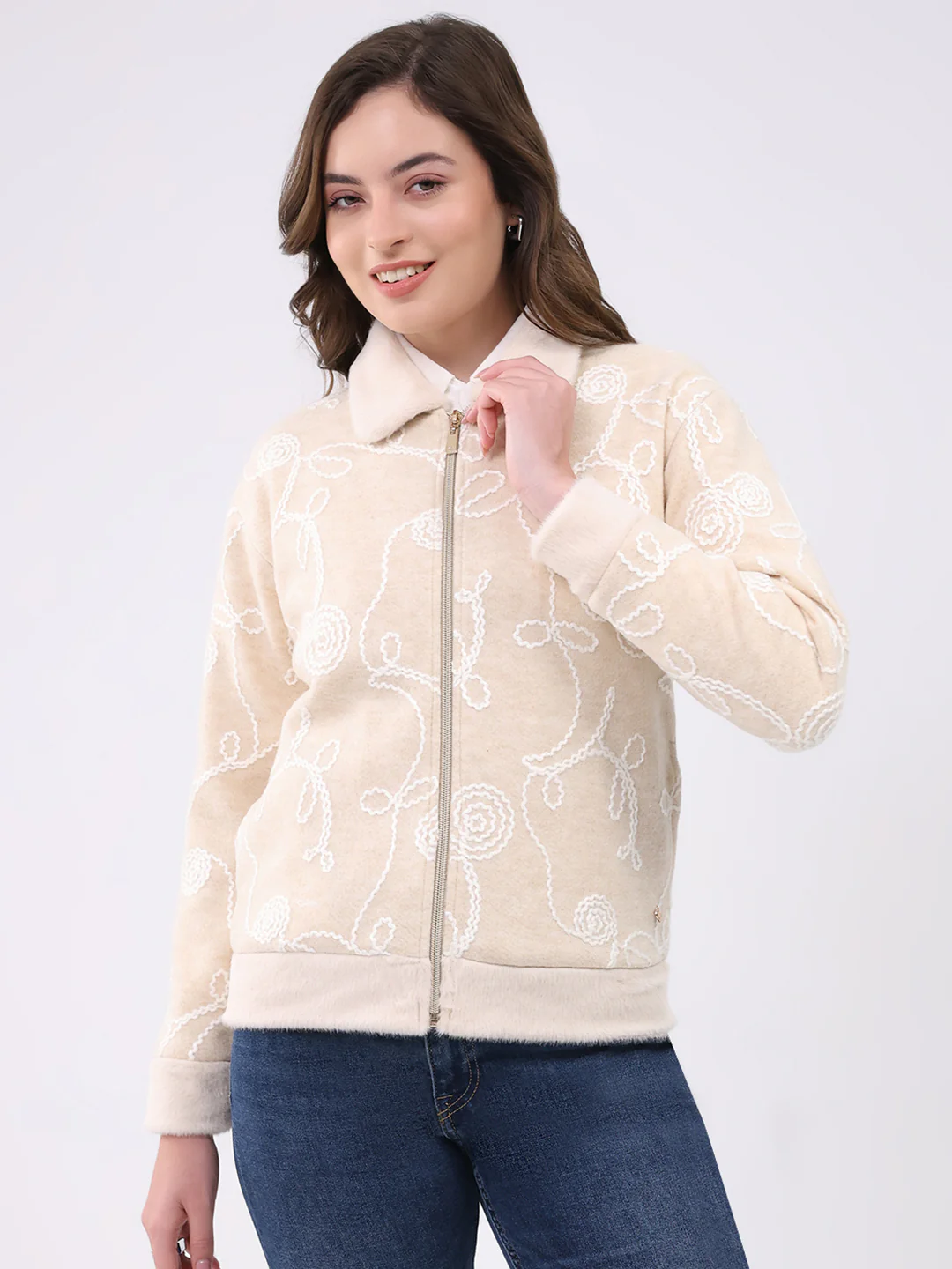 Women Beige Self Design Collar Full Sleeve Sweatshirt