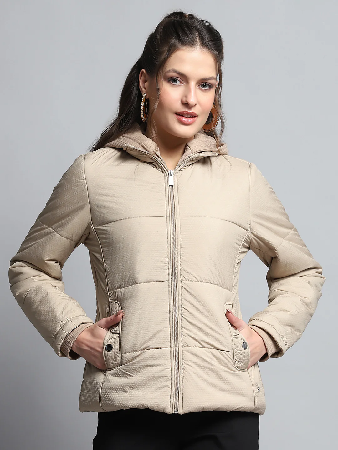 Women Beige Self Design Hooded Full Sleeve Jacket