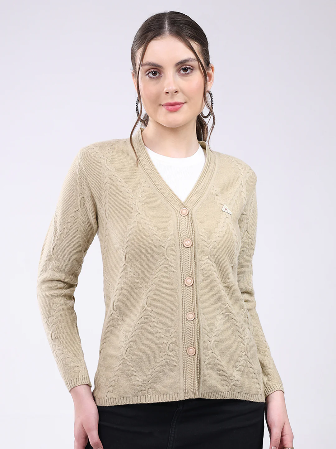 Women Beige Self Design V Neck Full Sleeve Cardigan