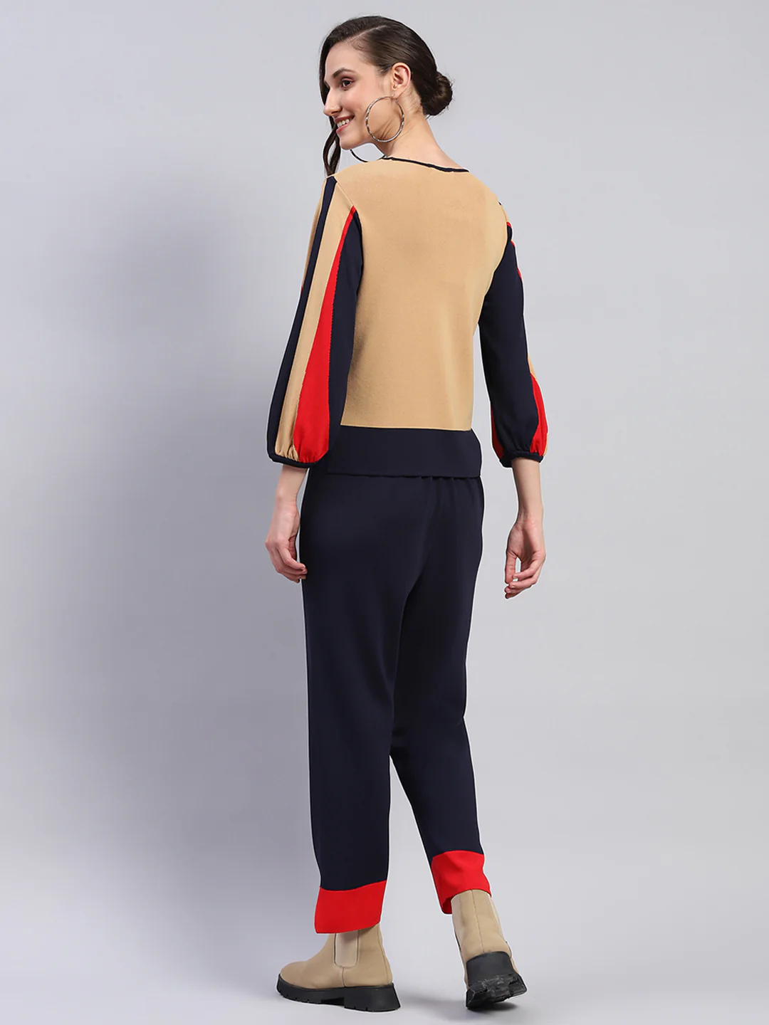 Women Beige Solid Round Neck Full Sleeve Cords Set - Image 5