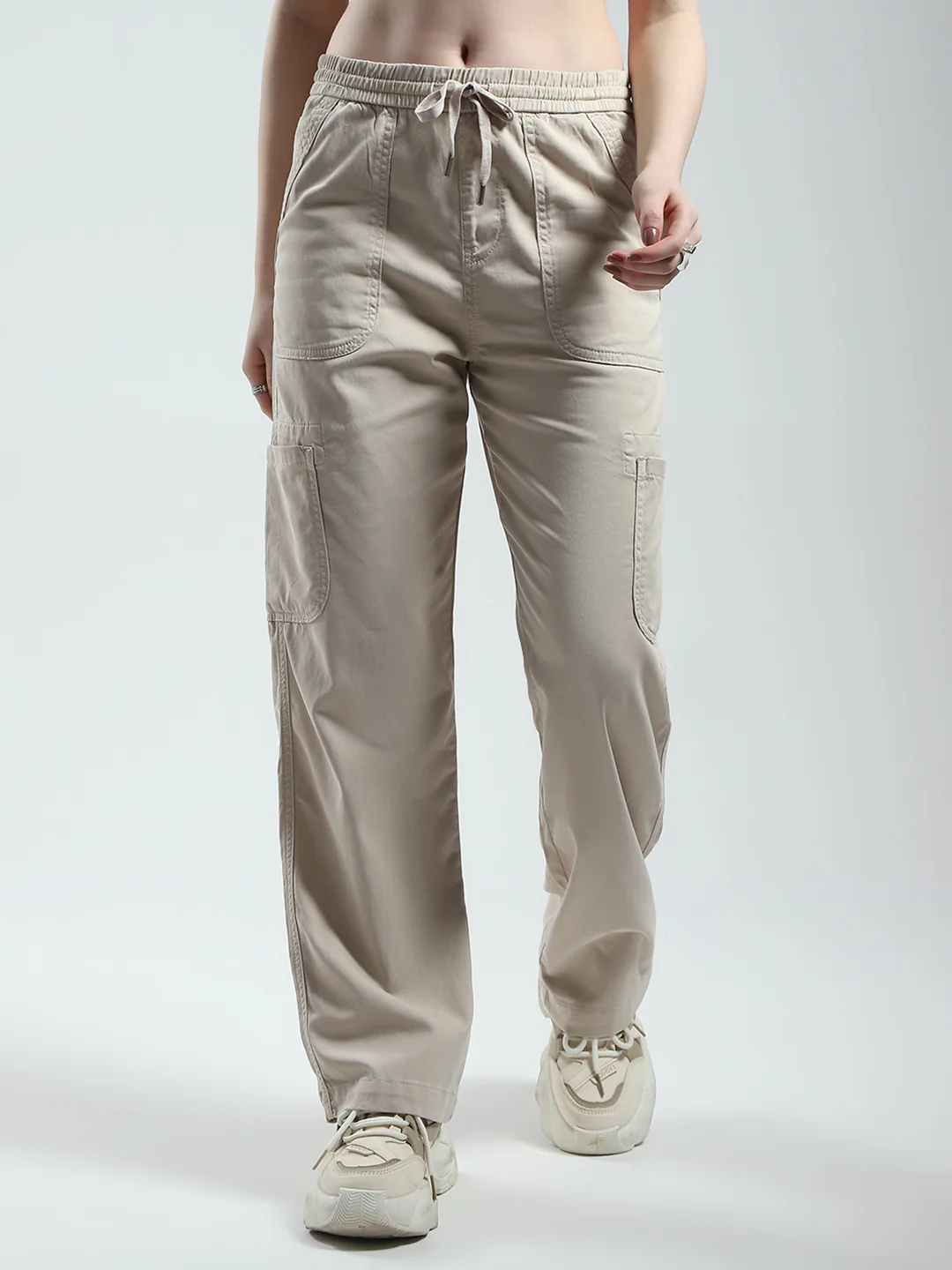 Women Beige Solid Straight Fit Cargo