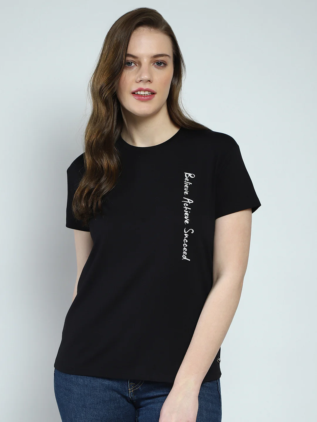 Women Black Printed Round Neck Half Sleeve Top
