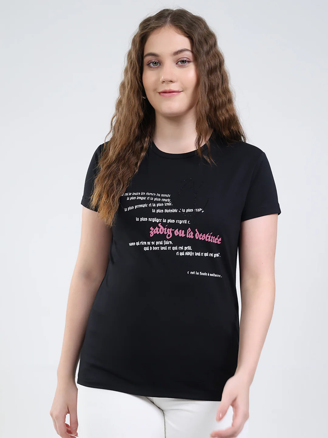 Women Black Printed Round Neck Half Sleeve Top