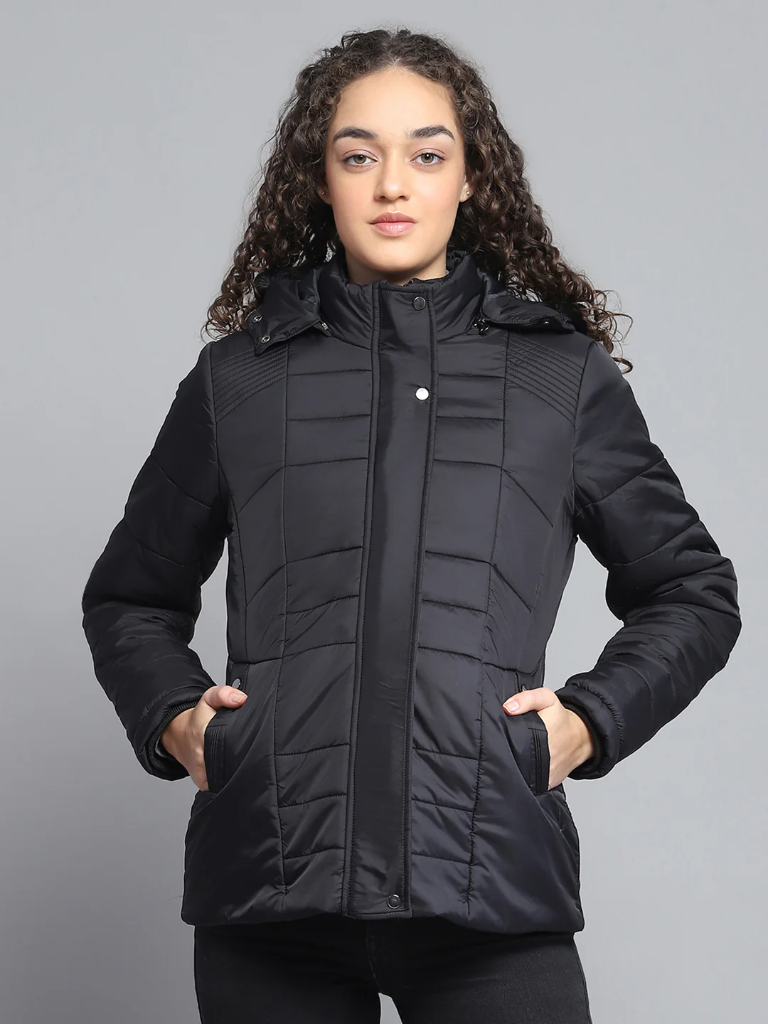 Women Black Self Design Hooded Jacket Set (1 Full & 1 Half Sleeve Reversible)