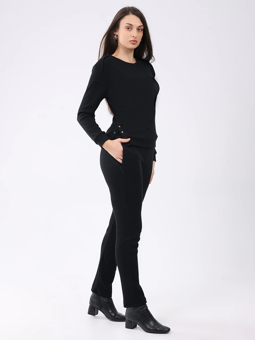 Women Black Self Design Round Neck Full Sleeve Cords Set - Image 4