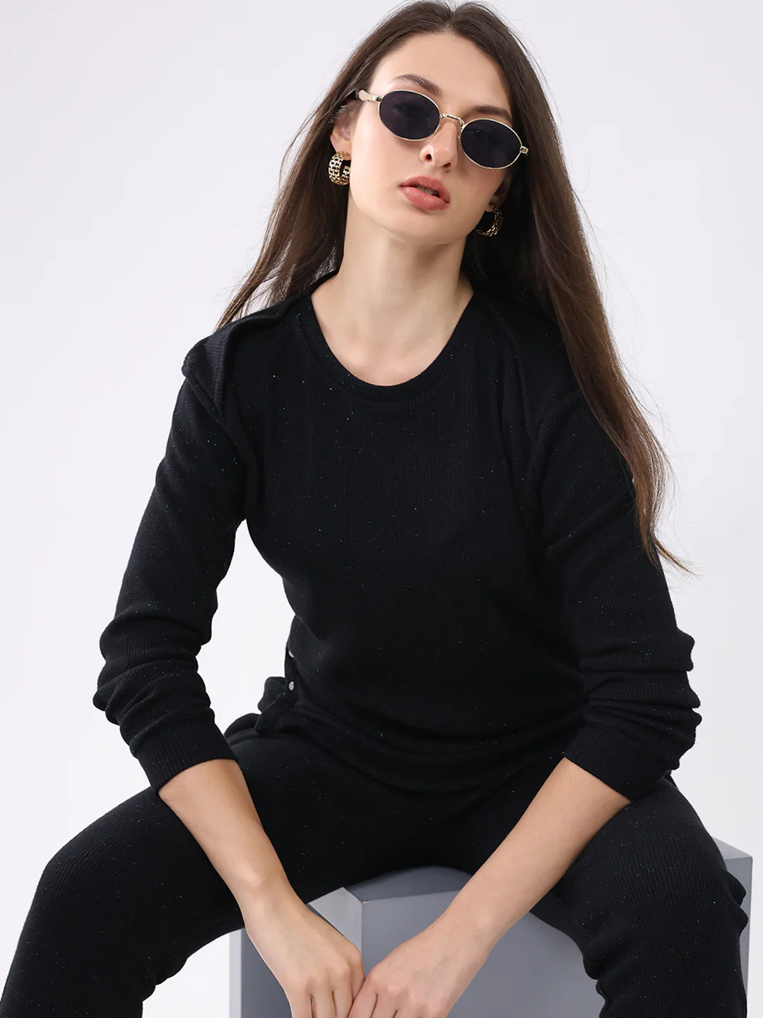Women Black Self Design Round Neck Full Sleeve Cords Set - Image 6