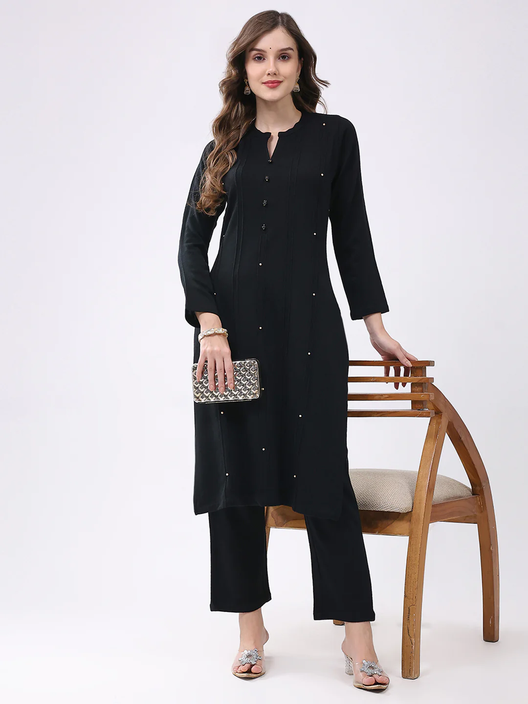Women Black Self Design Round Neck Full Sleeve Kurti Set for Winter - Image 2
