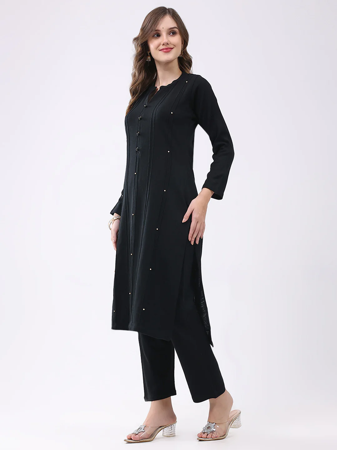 Women Black Self Design Round Neck Full Sleeve Kurti Set for Winter - Image 3