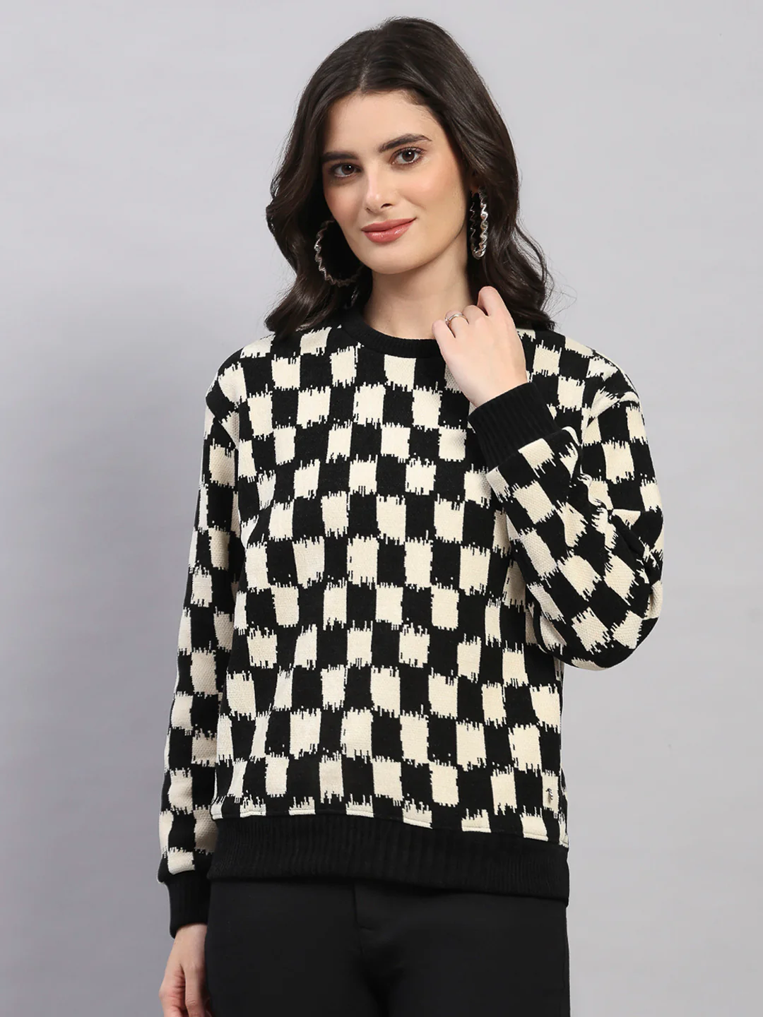 Women Black Self Design Round Neck Full Sleeve Sweatshirt