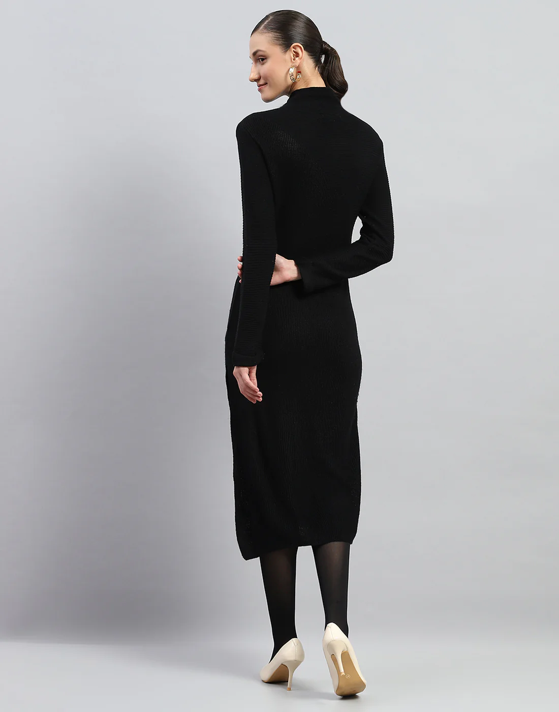 Women Black Self Design Turtle Neck Full Sleeve Dress - Image 5