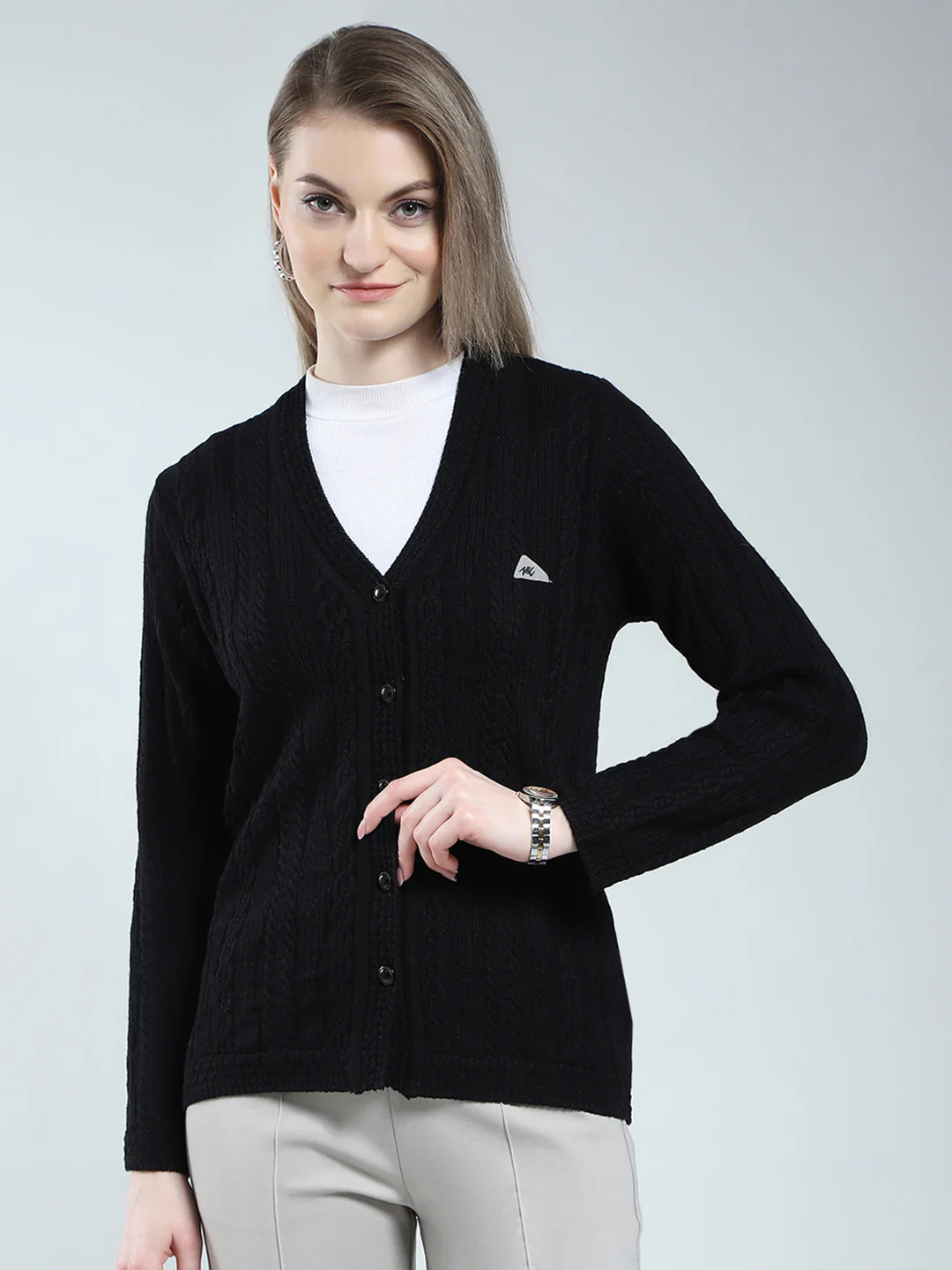 Women Black Self Design V Neck Full Sleeve Cardigan
