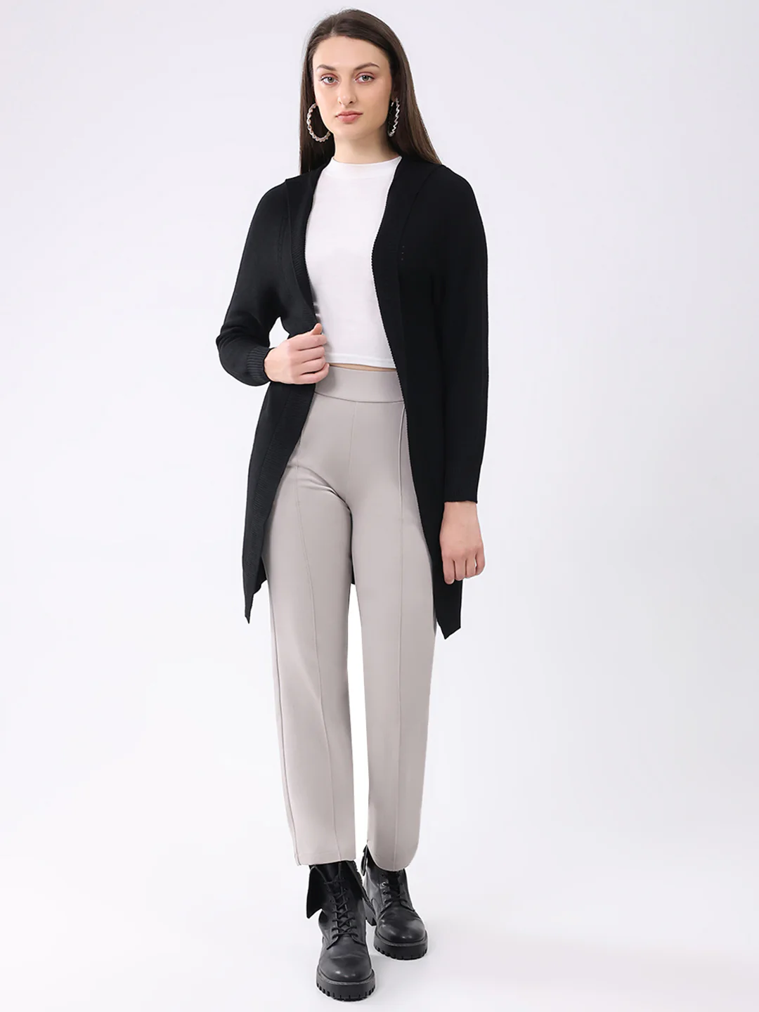 Women Black Solid Front Open Full Sleeve Cardigan